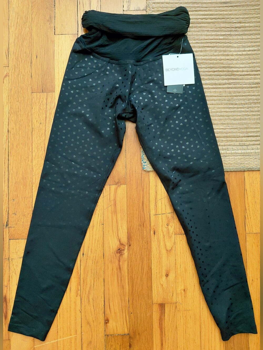 Beyond Yoga "Beyond The Bump" Black Heart-Print Leggings